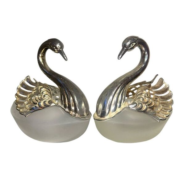 Vintage Pair of Silver Plated Articulated Swan Salt Cellars Frosted Glass Japan - Picture 1 of 7